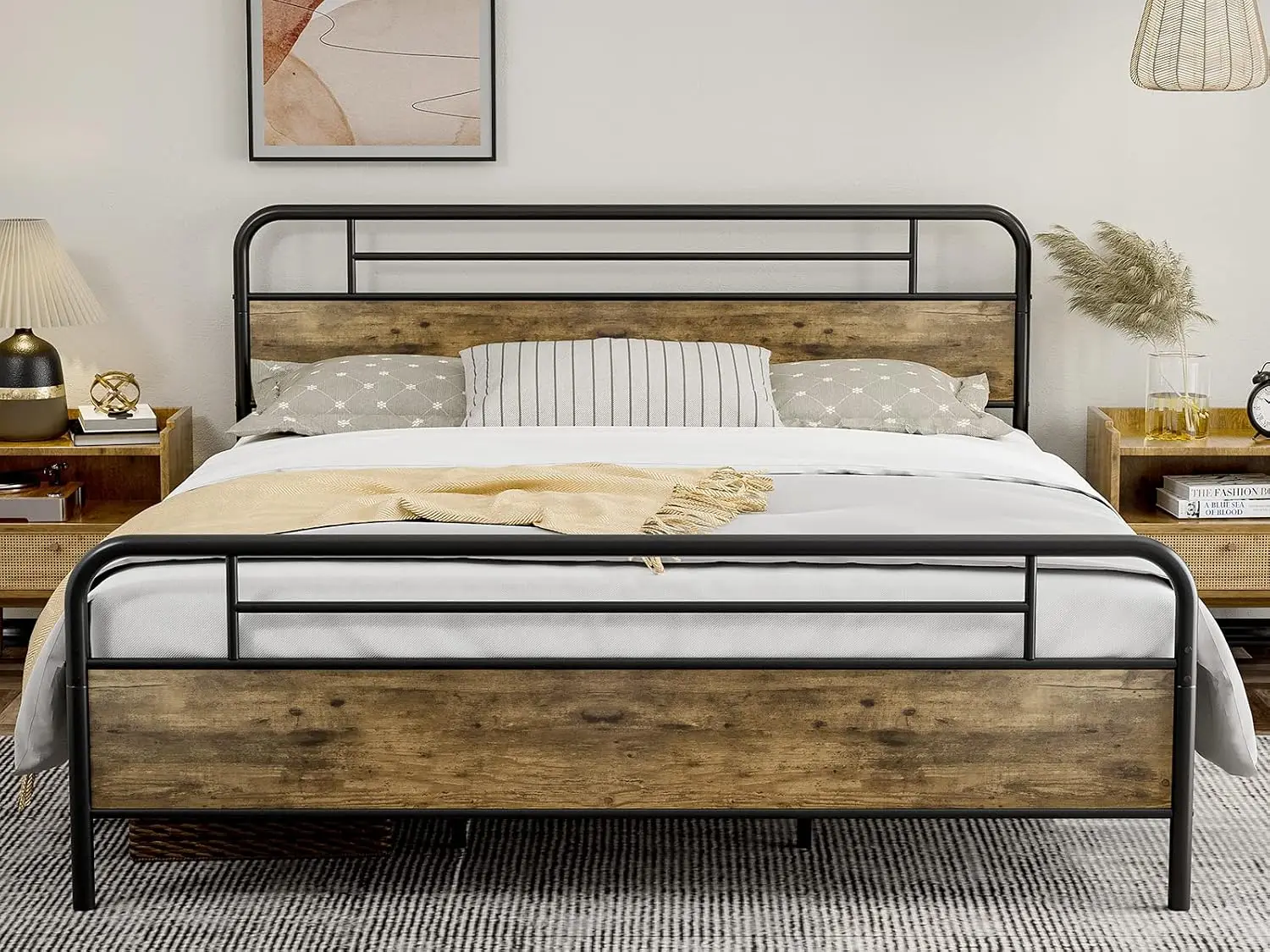 Industrial California King Bed Frames with Wood Headboard Footboard | Farmhouse Metal Cal King Platform Bed, Heavy, Customized