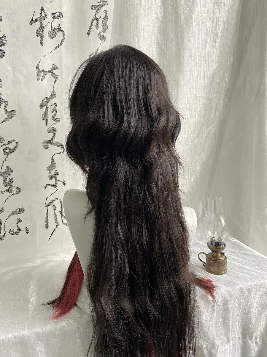 Pruik vrouwelijke volledige hoofdbedekking zwarte en rode highlights wolrol kwallen hoofd antiek porselein vader halloween cos