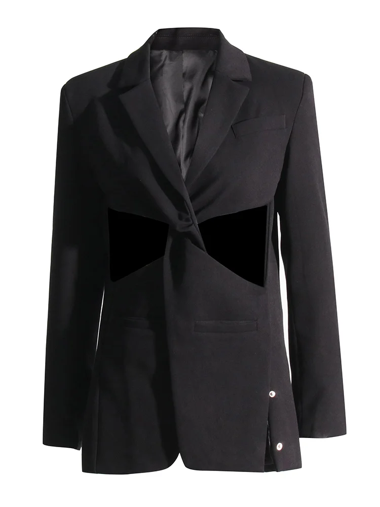 TWOTWINSTYLE-Blazers ahuecados sólidos para mujer, Blazer largo sin mangas con cuello con muescas, pliegues de retazos, elegante, ropa femenina