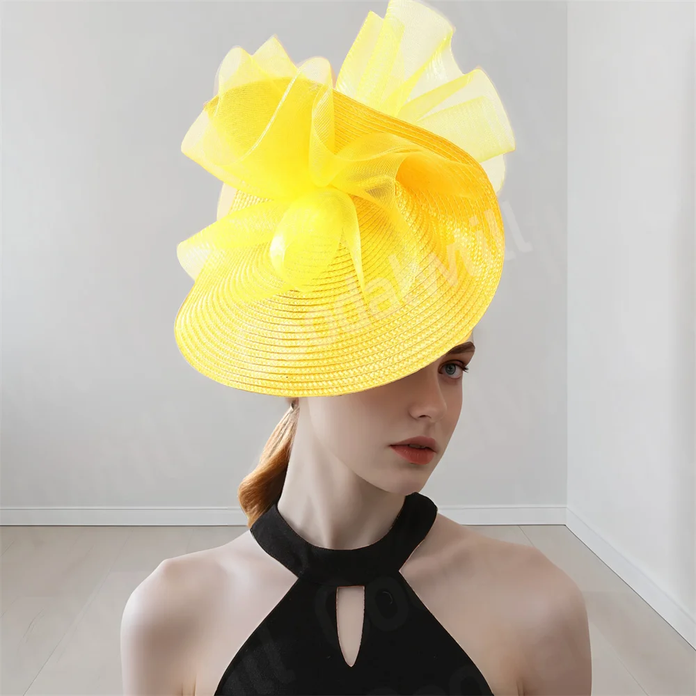

Wedding Yellow Fascinator Hat Bride Party Tea Wedding Headpiece Women Elegant Vintage Mesh New With Veils Hair Accessories