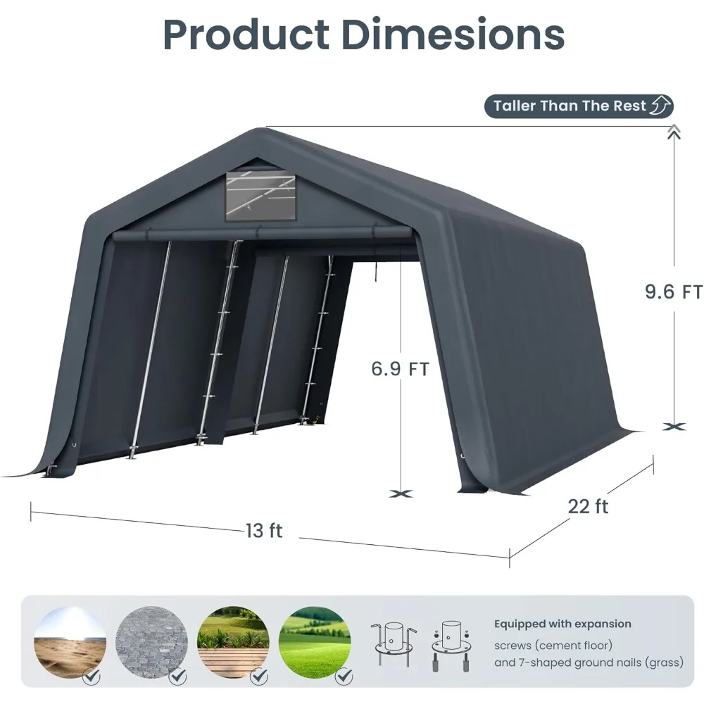 Carport, 13X22 Outdoor Portable Storage Shelter Shed Garage with Roll Up Zipper Doors & Vents Carport Waterproof &UV Resistant