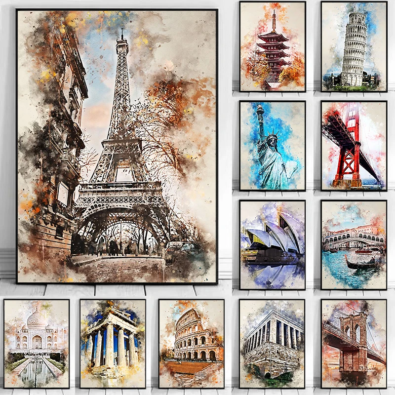 Vintage Watercolor City Paris Rome Venice Scenery Poster Art Print Canvas Paintings World Travel Picture for Home Decor Cuadr