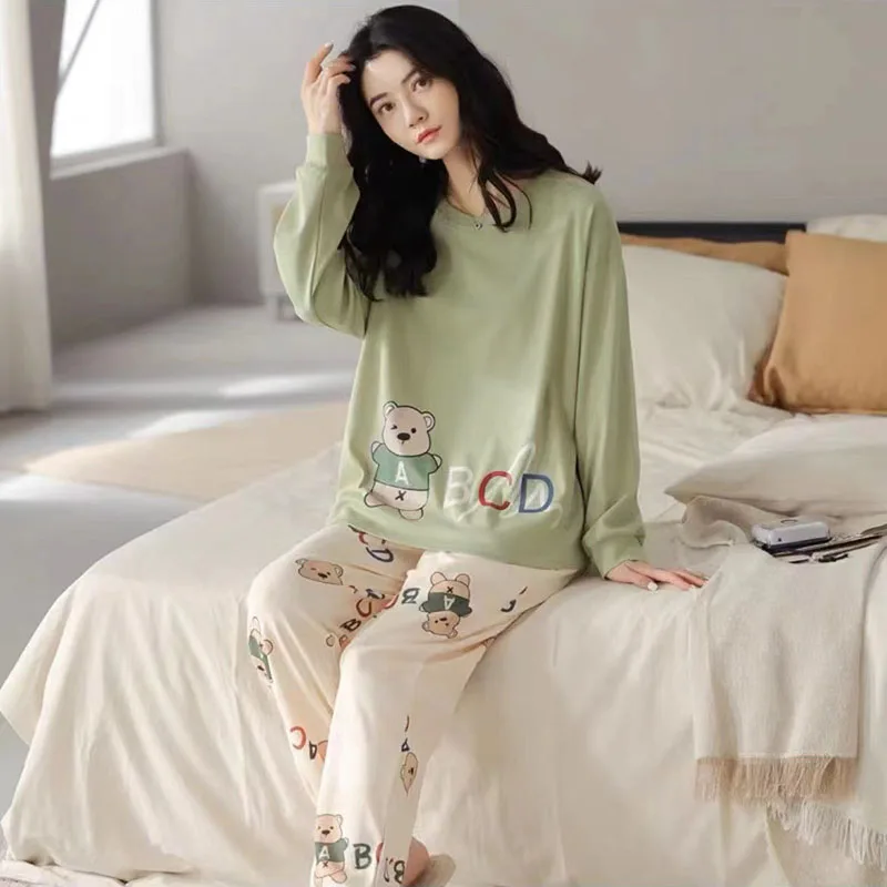 Plus Size Ladies Pajamas Set Autumn and Winter Long-Sleeved Student Homewear Two-Piece Cartoon O-Neck Long Trousers Sleepwear