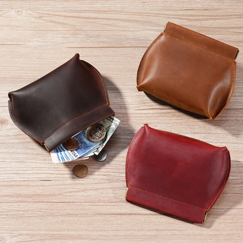 Cow Leather Squeezed Coin Purse, Multi-Purpose Mini Pouch for Coins Cards Earbuds Lipstick, Portable Change Wallet for Men Women