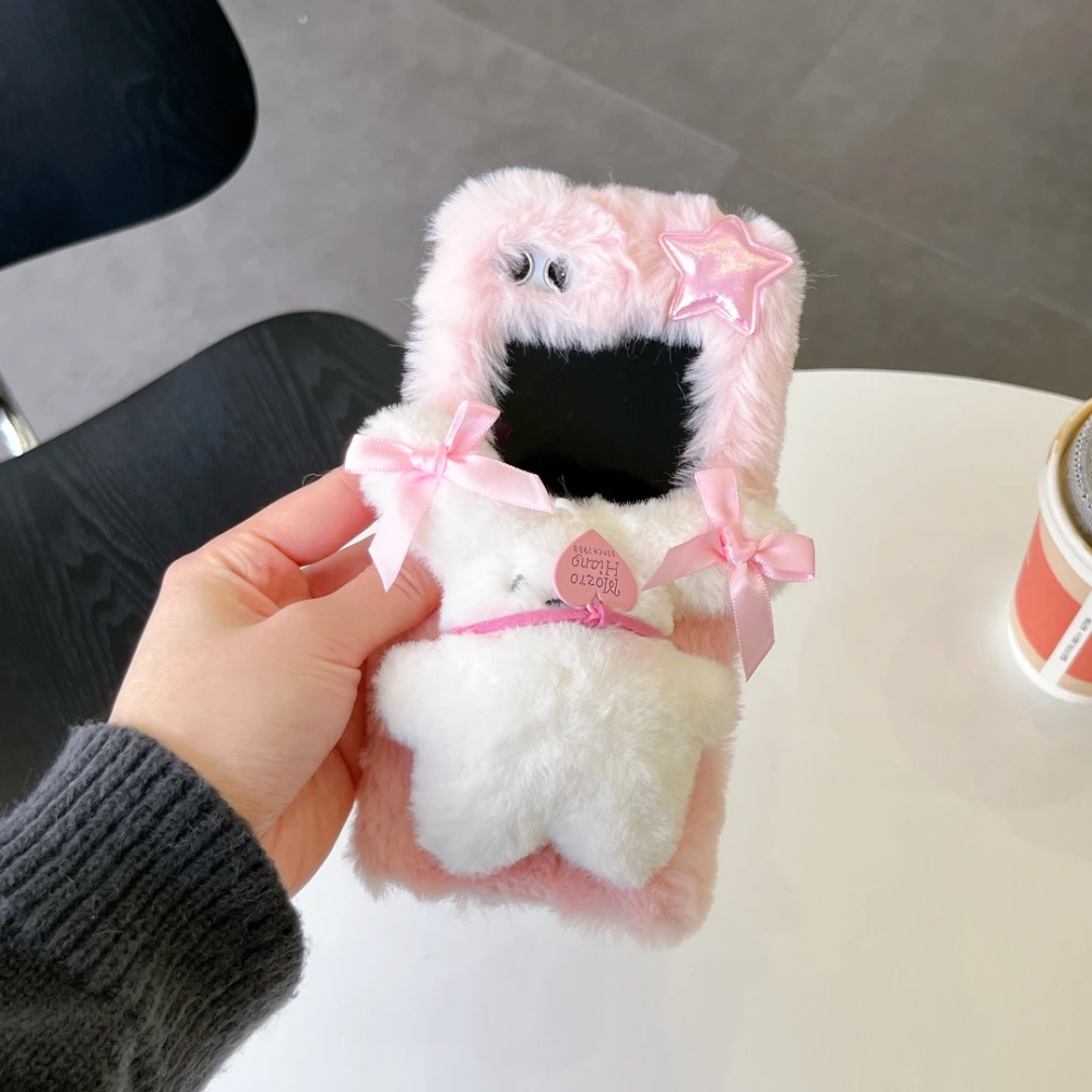 Winter Warmth Fuzzy Plush Cute Love Heart Dog Puppy With Lanyard Phone Case For Samsung Z Flip 5 4 3 6 7 FE Shockproof Cover