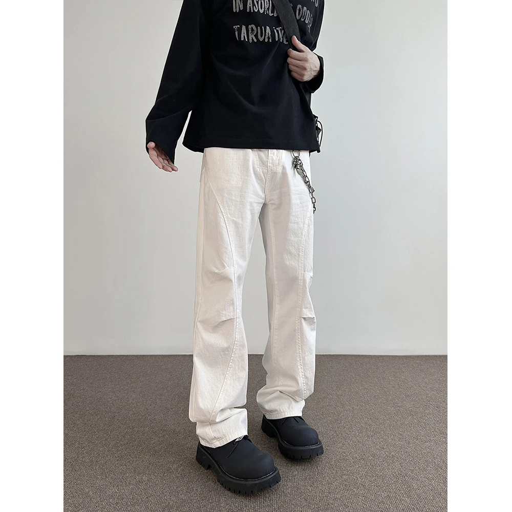 

American Retro Pleated Straight Leg Workwear Pants Men's Sli Slimming Long Trousers Youthful Faionable Straight Tube Jeans