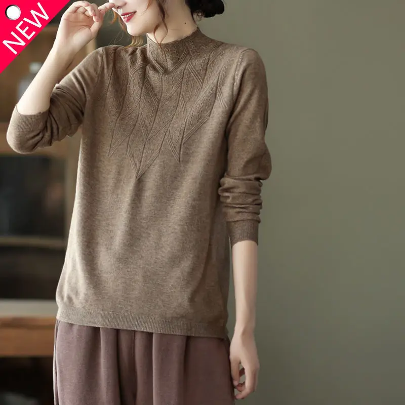 Autumn and Winter Fashion New Temperament Women's Clothing Half High Neck Long Sleeve Solid Color Commuting Versatile Pullover