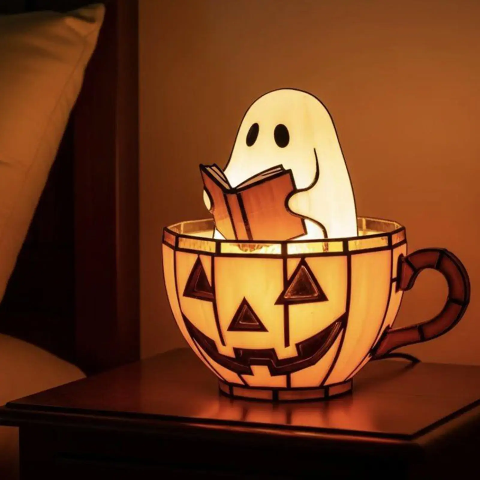 Halloween Ghost Light Cute Ghost Reader Pumpkin Led Light Resin Nightlight Desk Display Ornament for Tabletop Bedroom Outdoor