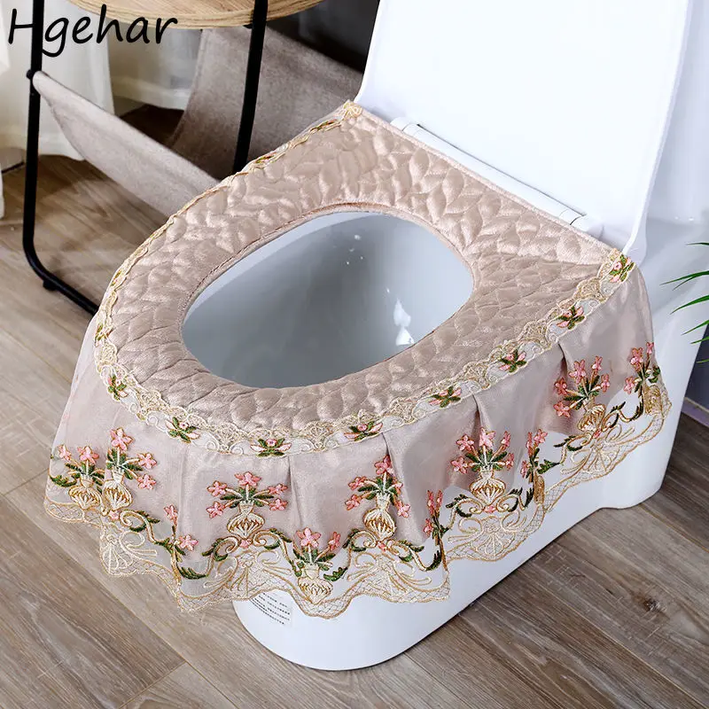 Lace Embroidery Toilet Seat Cushion Floral Household Bathroom Zipper Removable Closestool Mat Waterproof Anti-bacterial Covers