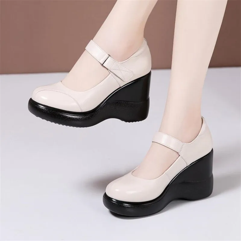 Genuine Leather Women Shoes Women Platform Pumps Women's Round toe Wedges Shoes Fashion Comfort Soft Cowhide Mom Shoes 32-43