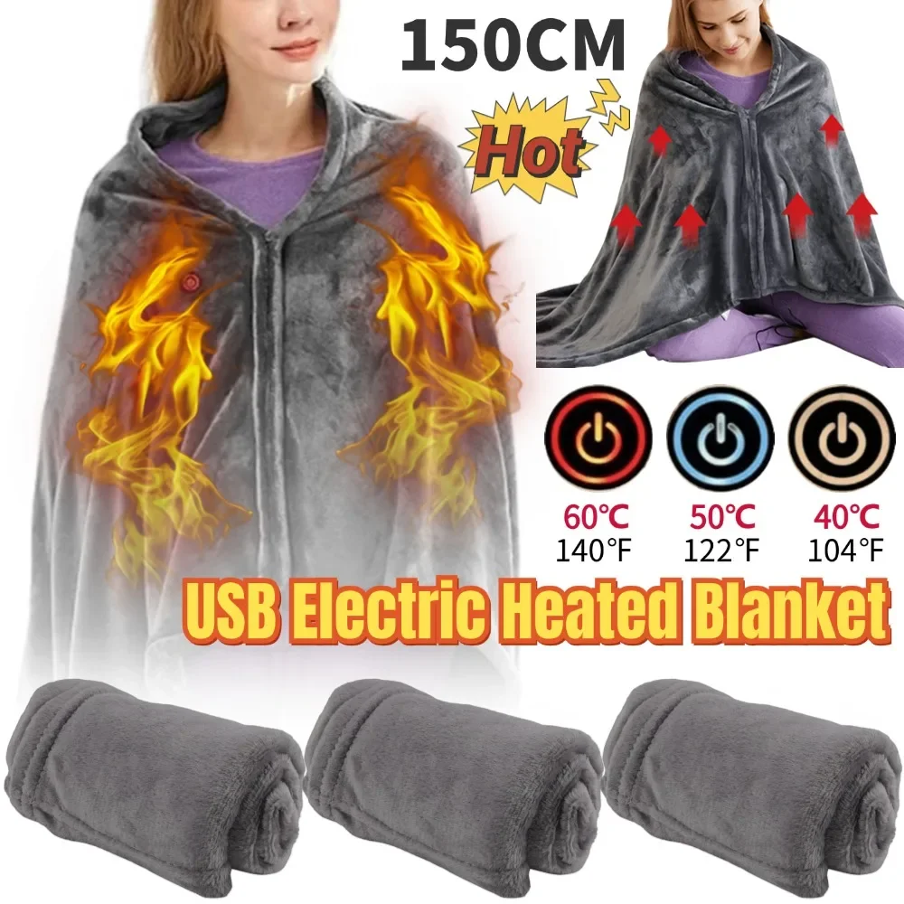 

USB Heated Blanket Heating Blanket 3 Heating Level Heated Shawl Throw Blanket Coral Velvet Fast Heating for Outdoor Home Office