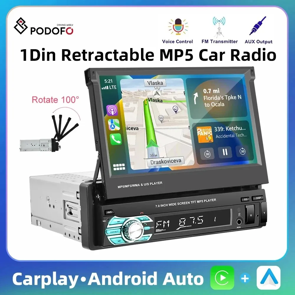 Podofo 1Din MP5 Car Radio 7inch Retractable MP5 Player Carplay Android Auto Multimedia Player Mirror Link Bluetooth Car Audio