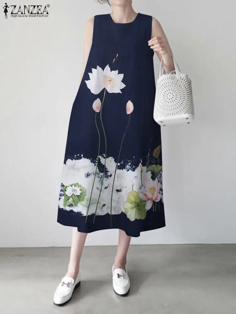 

ZANZEA Casual Tank Dress Loose Dresse Chineses Style Fashion Printed Oversized Midi Sundress 2024 Summer Holiday Round Neck Robe