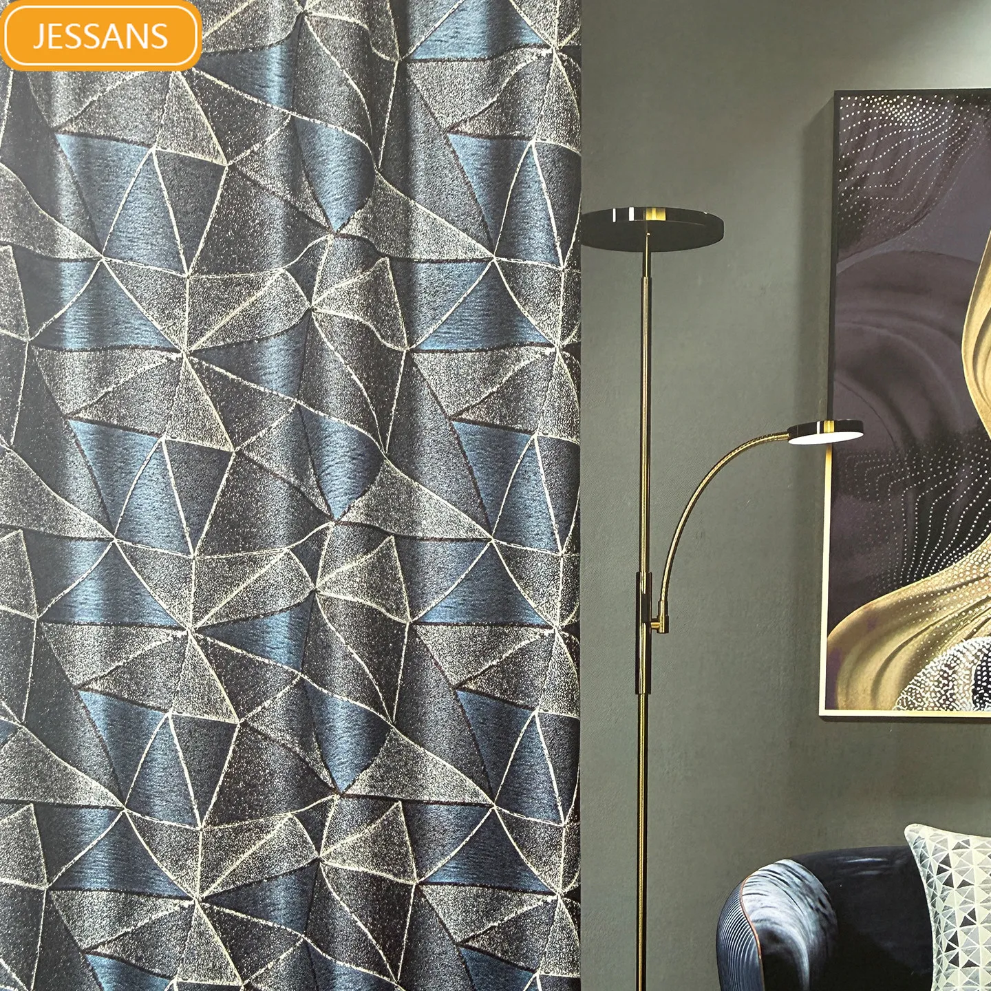 Modern New Blue Polygonal Jacquard Soundproof and Blackout Curtains for Customized Living Room and Bedroom Partition Curtains