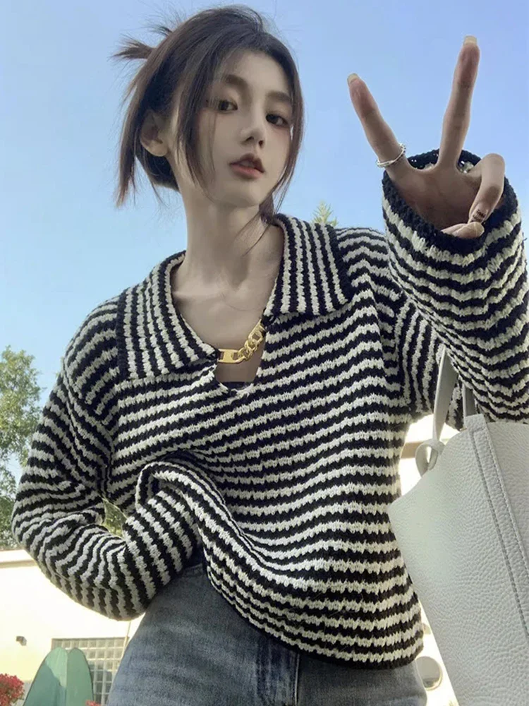 

Women Striped Sweater Chain Fashion Autumn Knitter Jumper Casual Long Sleeve Streetwear Female Harajuku Tops