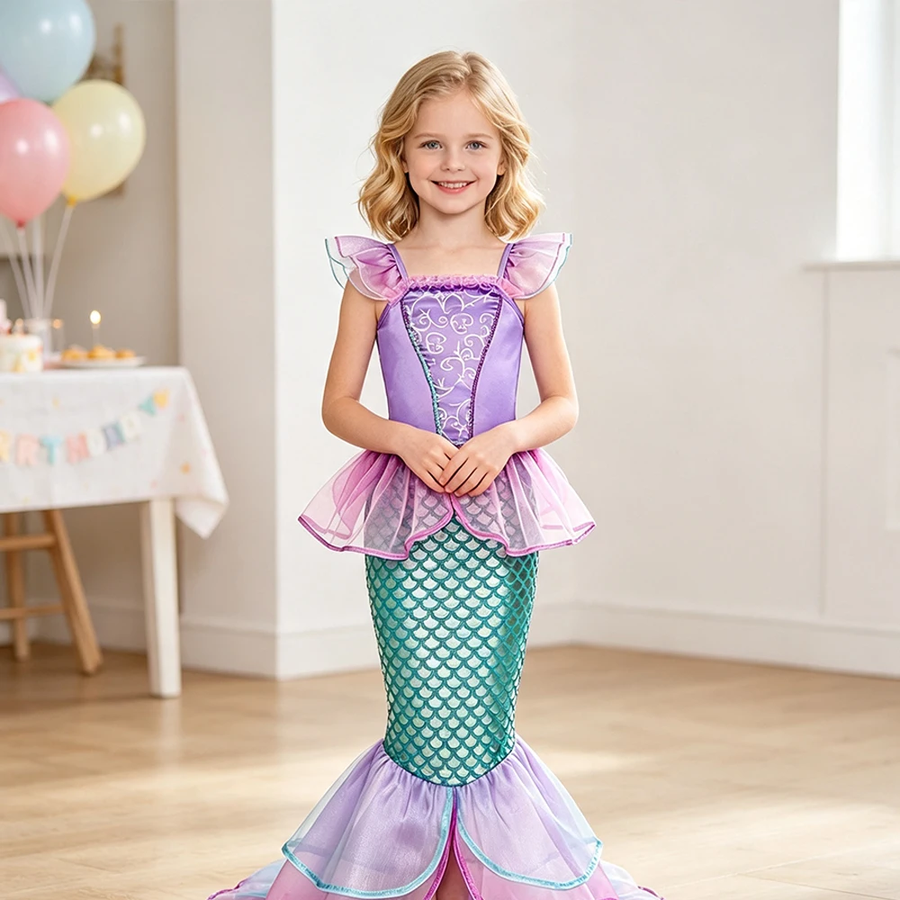 Meerjungfrauen-Sommerkleid Prinzessinnen-Kostüm mit Krone, Halskette und Zubehör-Set für Mädchen, Kinder, Karneval, Geburtstagsfeier, Abschlussball, Bühne – Detail 11
