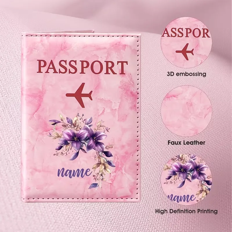 Custom Name Purple Floral Watercolor Style PU Passport Holder, Featuring a Design with Purple Flowers, Foliage Elements