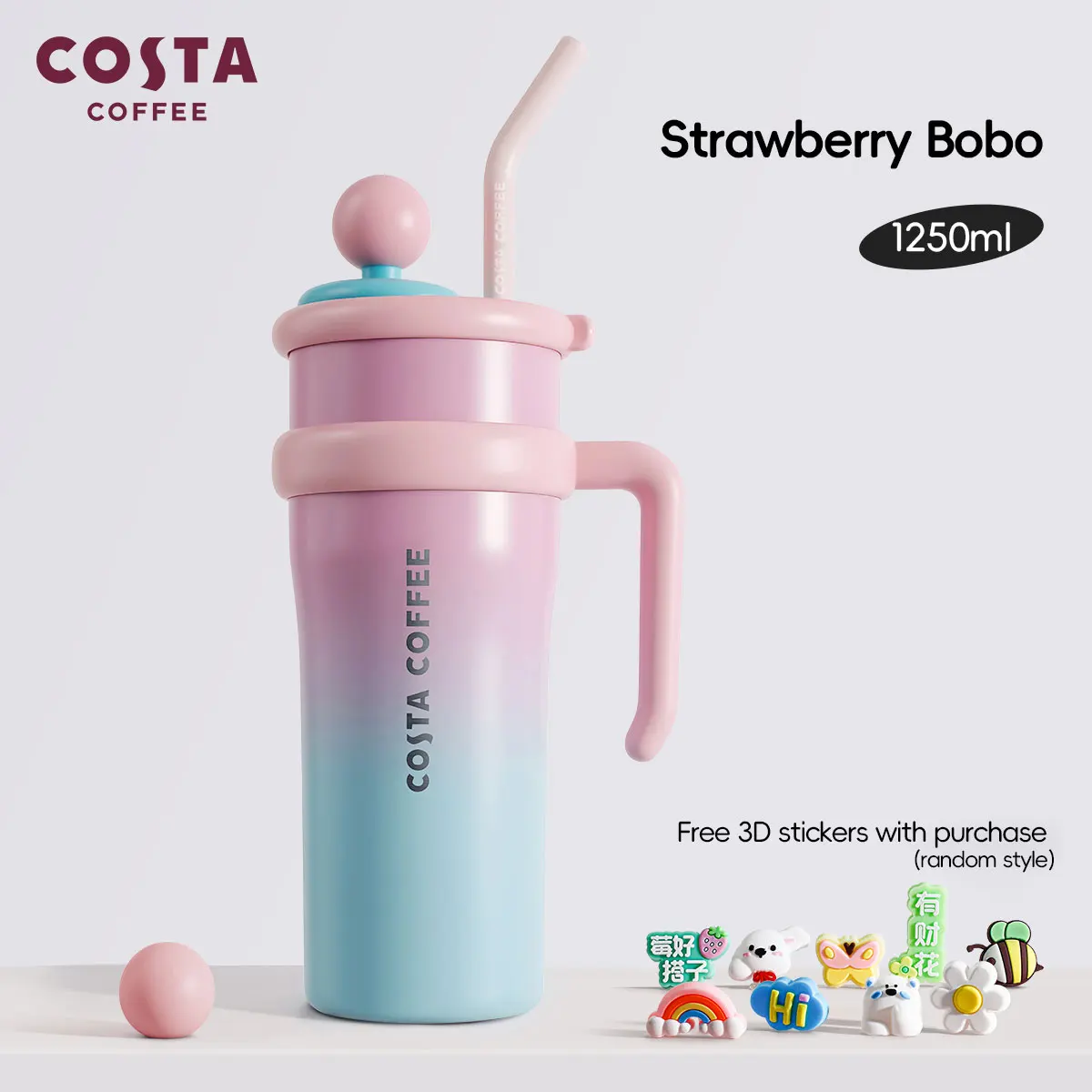 Vaso Térmico Gigante COSTA 2.0 con Aislamiento al Vacío de 1.25L - Sabor Fresa Boba