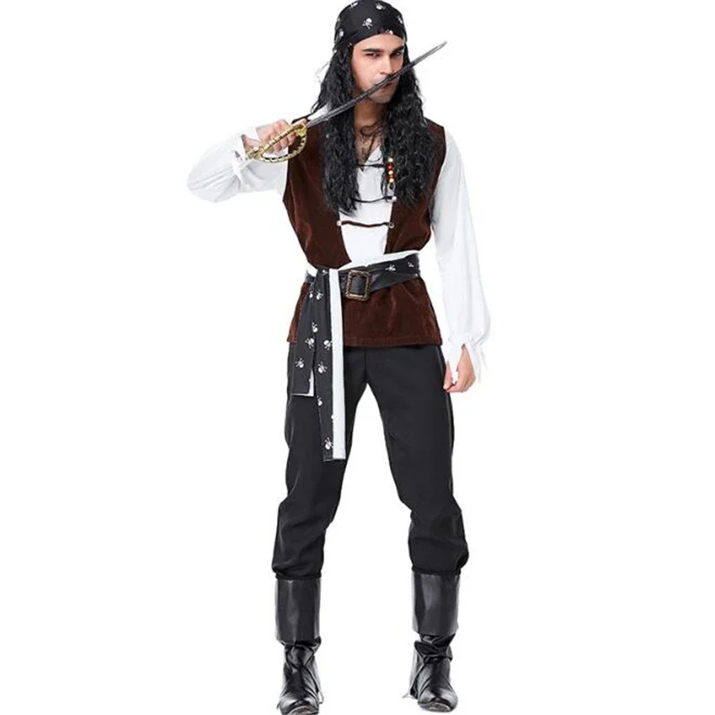 

Deluxe Men Skull Pirate Costume Halloween Wild Adult Captain Cosplay Clothing