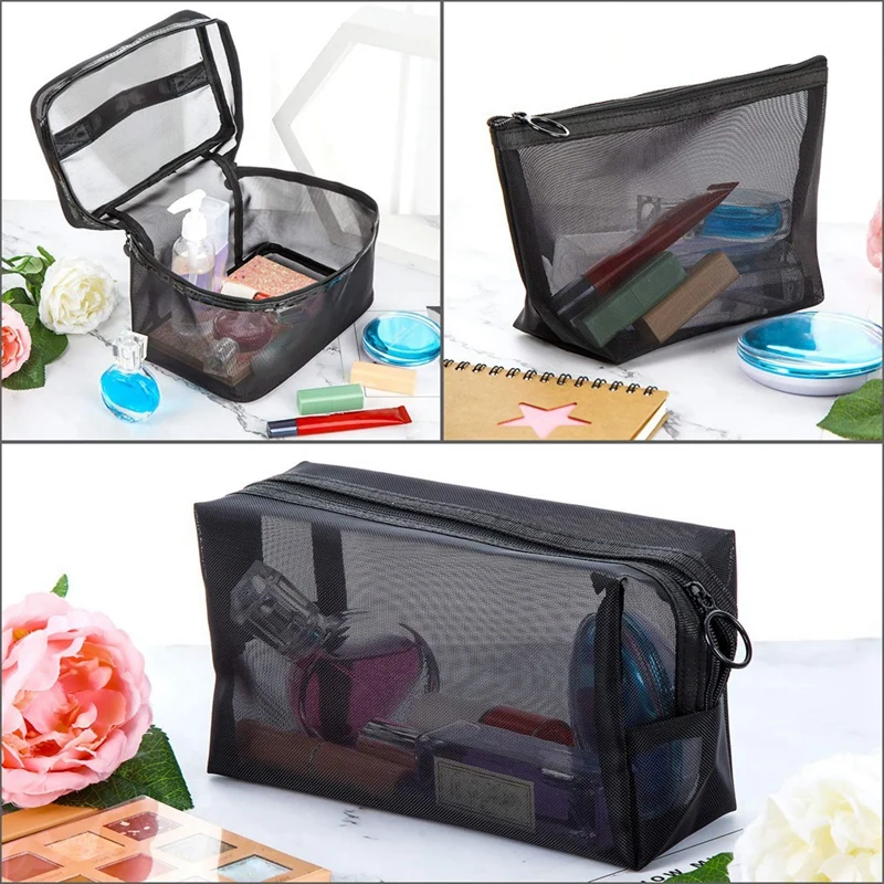 3 Pcs Black Storage Mesh Big Zipper Make Up Toiletry Wash Bags Transparent Makeup Bag