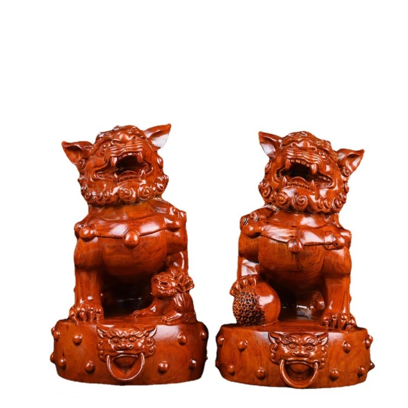 Ebony Wood Carving Lion Ornaments Solid Wood a Pair Large Size Palace Door Lions Home Living Room Decoration Rosewood Craft Gift