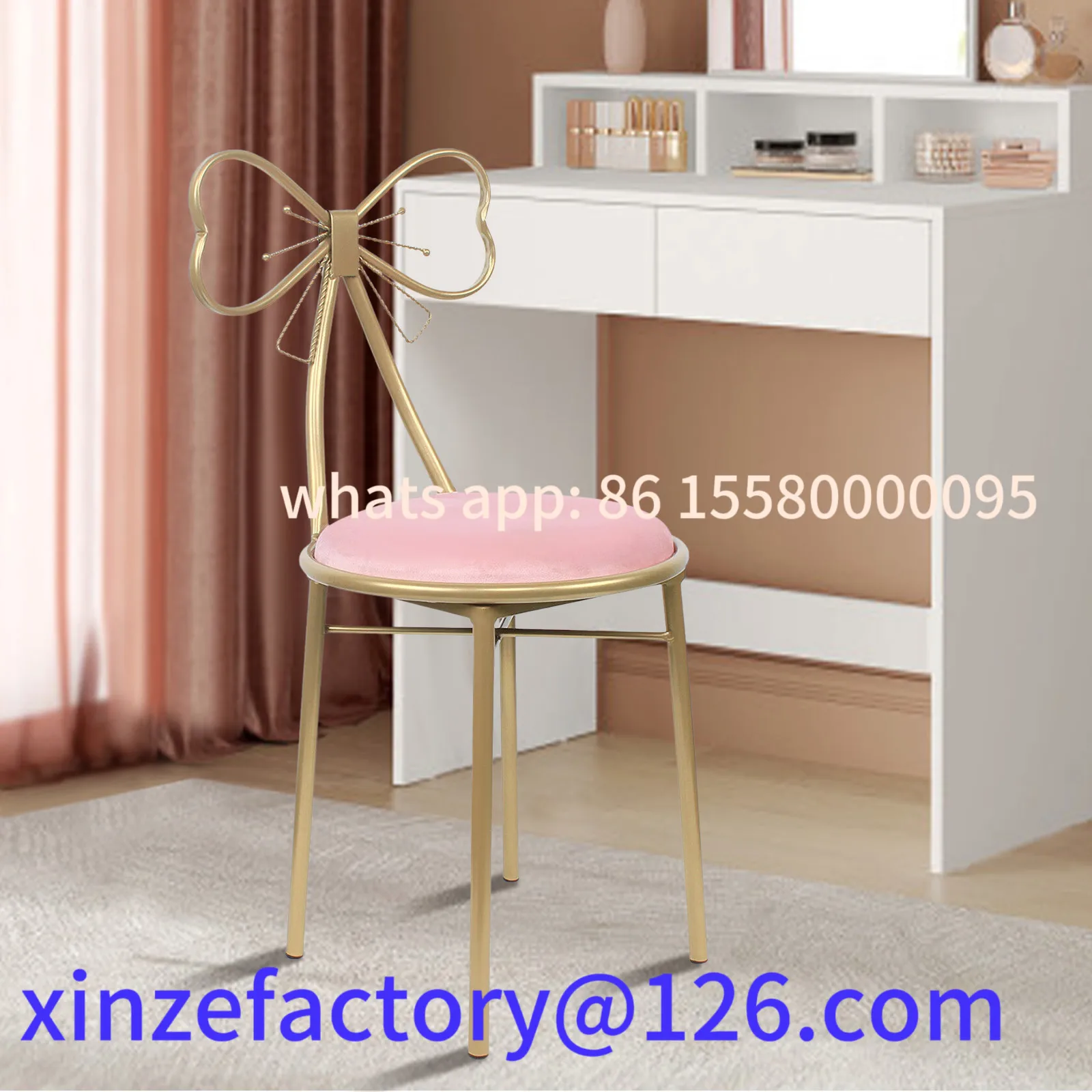 

Customizable Vanity Stool for Makeup Modern Velvet Butterfly Accent Pink Cute Girls Bow Knot Backrest Chair Bedroom
