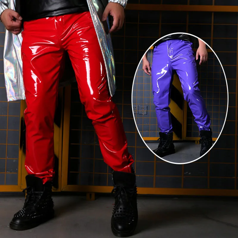 Red Leather Pants Men Modern Jazz Trousers Gogo Dancer Performance Clothing Nightclub Dj Mc Stage Costume Male Fashion Clothes