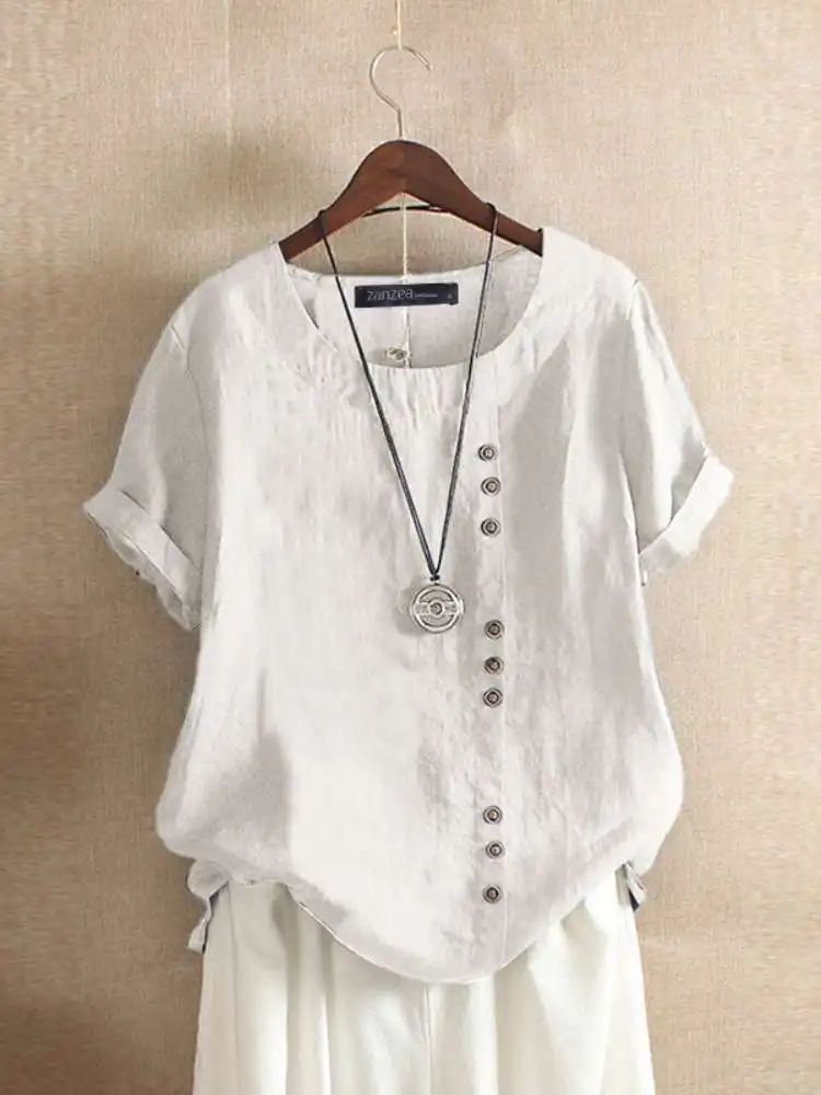 ZANZEA Summer O Neck Short Sleeve Blouse Women Cotton Shirt Casual Loose Buttons Tops Femininas Blusas Work Top Chemise Blusas