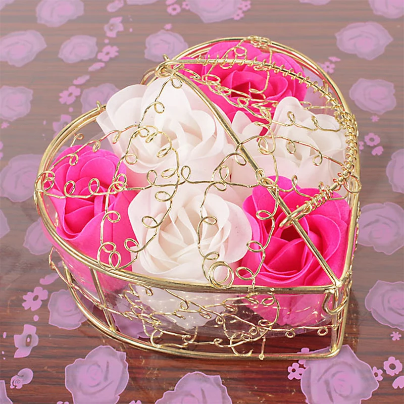 Rose Soap Flower Heart Gift Box 6pcs Scented Bath Body Petal Artificial Roses For Valentine's Day Wedding Party Home Decoration