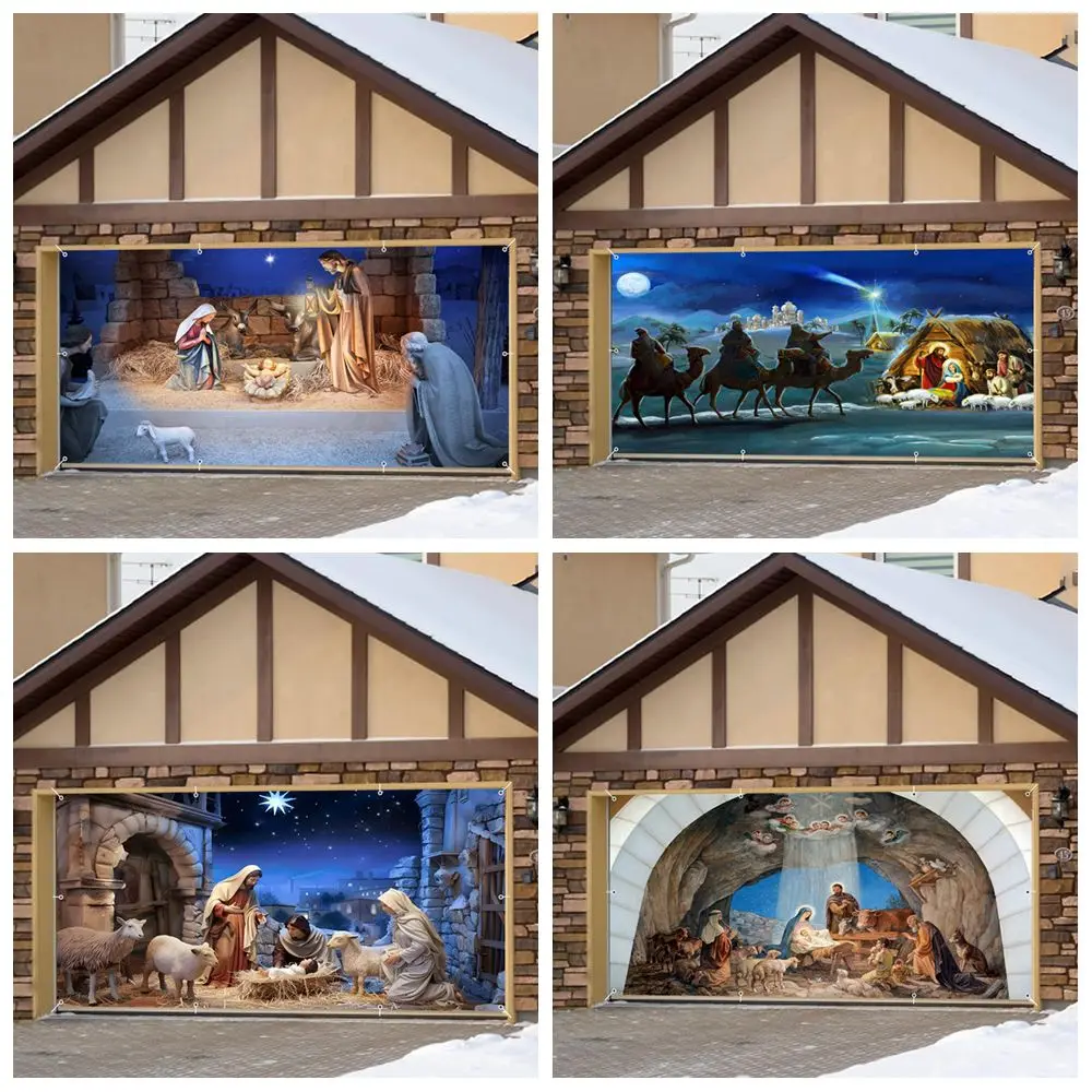 

Christmas Nativity Garage Door Banner Decoration Birth of Jesus Garage Wall Yard Decor Nativity Religious Party Hanging Backdrop