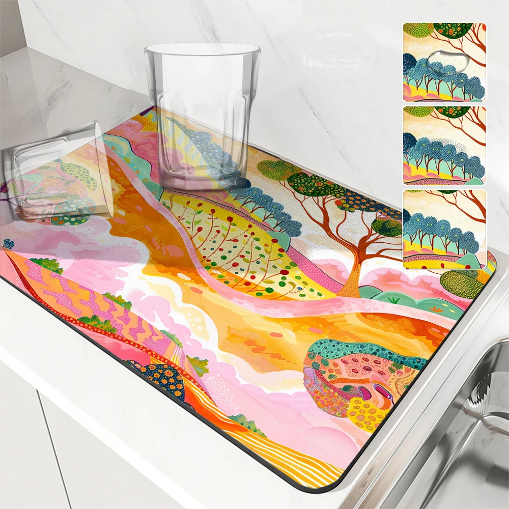 Antiskid Kitchen Absorbent Draining Mat Watercolor Sky Super  Draining Coffee Dish Drying Mat Quick Dry Bathroom Drain Pad