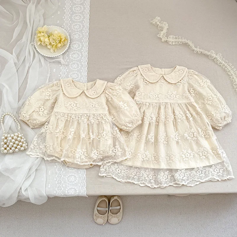 

‌2025 Autumn New Baby Girl Dress with Embroidery Netting Romper Princess Party Dress for Infants 0-24 Months Elegant Lace Trim