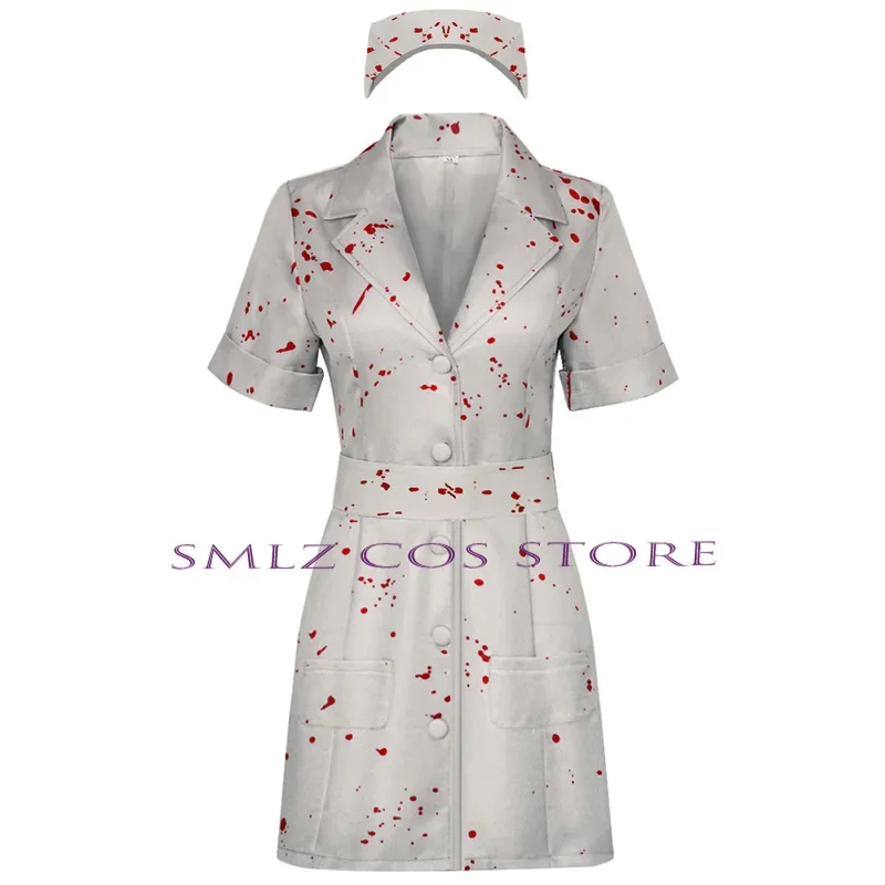 زيومبي ممرضة تأثيري مجموعة موحدة ، أنيمي لعب الأدوار ، الزي الرعب ، تلة صامتة 2 زي ، فستان بقع الدم ، قبعة ، حفلة الهالوين