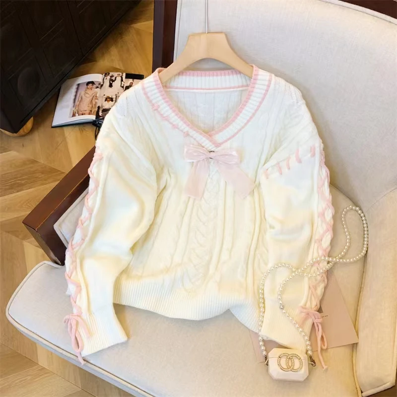 Women\'s Beige Bow Tie Sweater V-neck Long Sleeve Japanese Cute Winter Sweater Top Y2K College Fashion Retro 2000s Clothing 2024