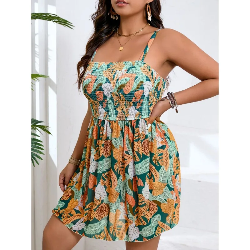 2025 プラスサイズ レディース ハイウエスト アーティスティック リーフ プリント メッシュ インサート フリル ツーピース ビキニ 流れるようなスカート カバーアップ付き