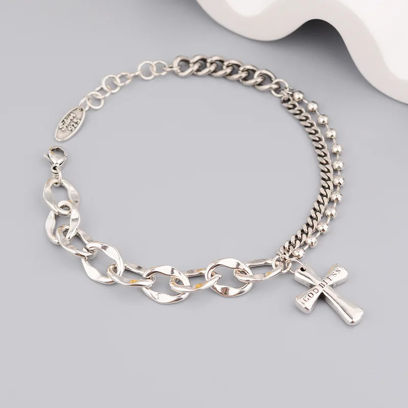 LIVVY Silver Color Thicken Splicing Bracelet for Women INS Fashion Punk Hiphop Rock Cross Pendant Party Jewelry Gift