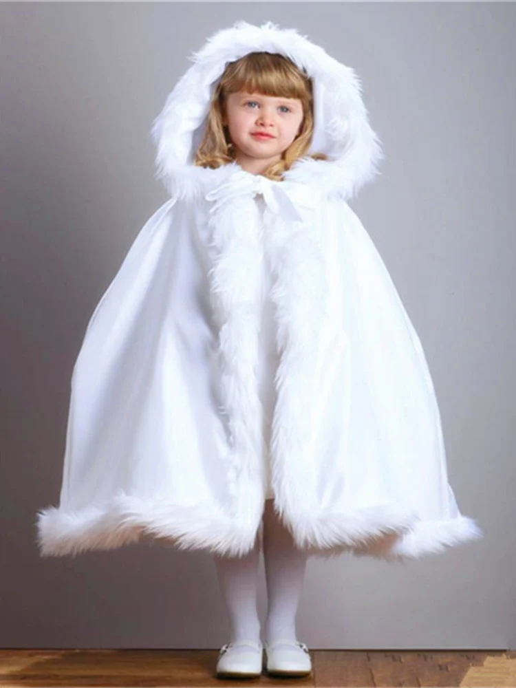 Hooded Long Floor Length Cape Ivory/White Wedding Cloaks Faux Fur Jacket For Winter Kid Flower Girl Children Outerwear