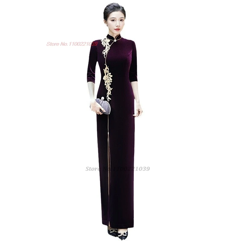 2025 fleur nationale broderie velours qipao amélioré cheongsam robe formelle rétro scène performance robe banquet robe de soirée