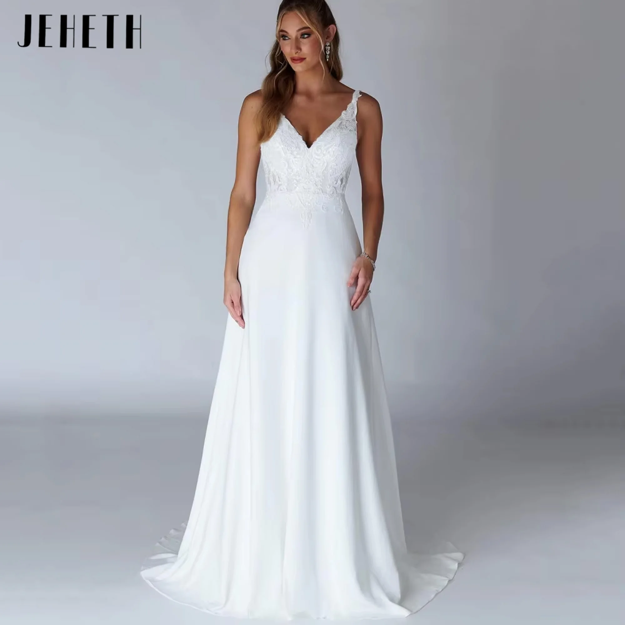 

JEHETH A-Line Elegant Wedding Dresses Lace V Neck Bride Robe Spaghetti Straps Backless Bridal Gowns Vestidos De Noiva Customized
