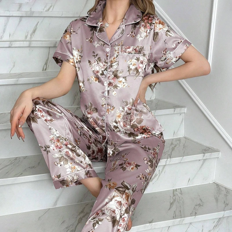 Women\'s Satin  Pajamas 2 Piece Autumn Short Sleeve Top & Long Pants Pj Sets Silky Sleepwear Loungewear for Ladies Home Clothes