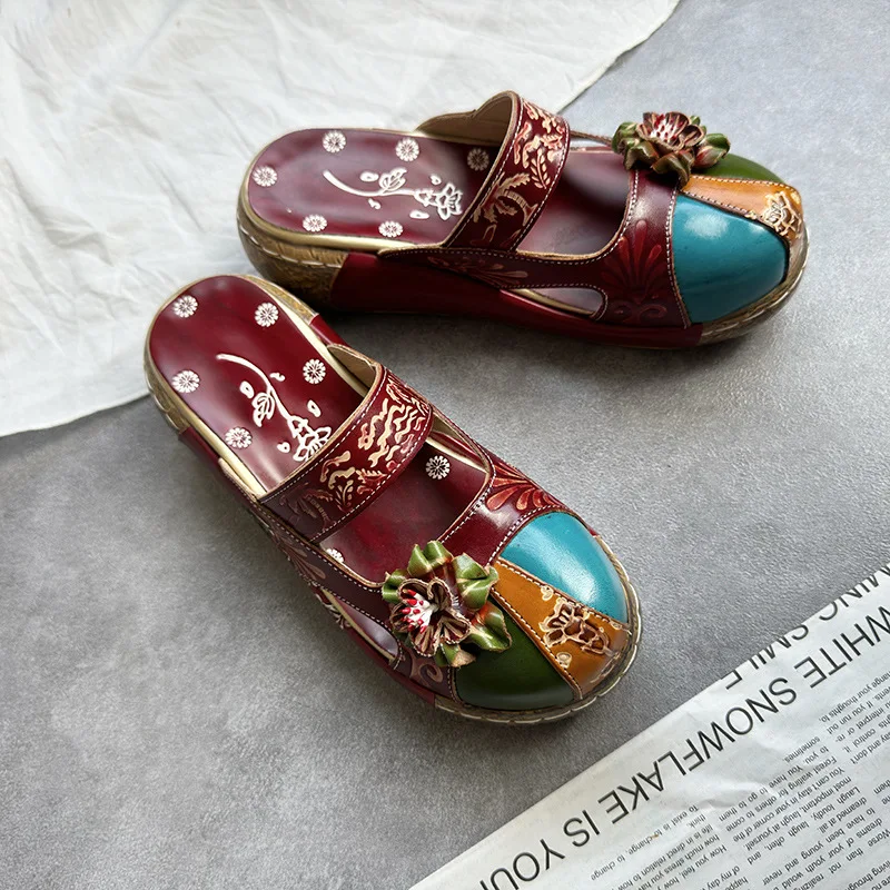 WOIZGIC Women Female Mother Ladies Genuine Leather Flower Shoes Sandals Slippers Outsize Summer Ethnic Plus Size 41 42 SFY-1