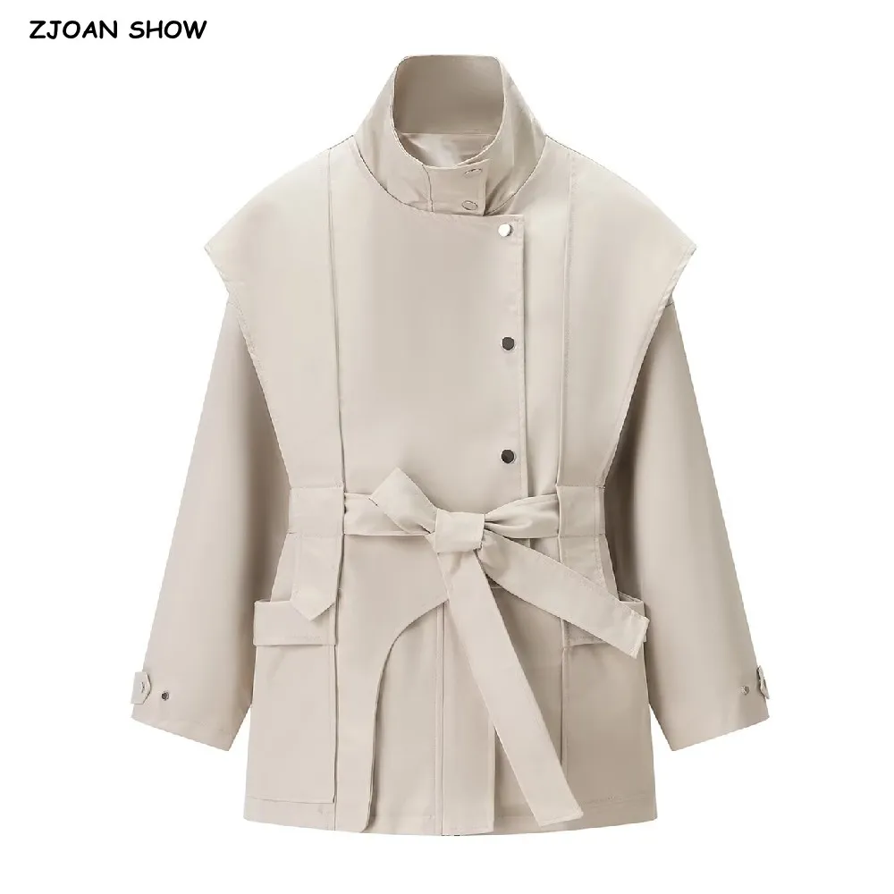 

New Spring Autumn Khaki Lapel Collar Bow Sashes Trench Woman False 2 pieces Long Sleeve Midi Windbreaker Coat Loose Outerwear