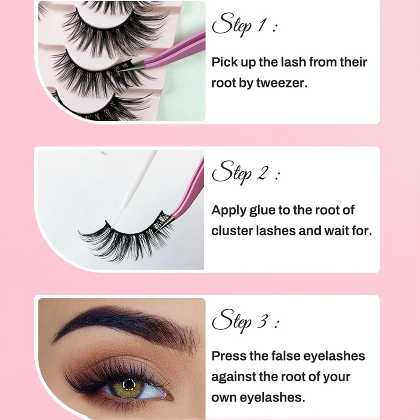 7 pairs of Fox Eye style black stem false eyelashes, fluffy and curled, reusable, with extended outer corners for daily makeup