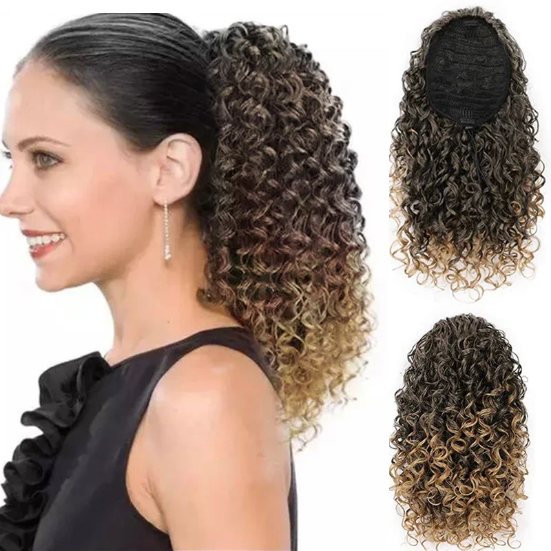 Curto Afro Kinky Curly Ponytail extensões de cabelo para mulheres cabelo sintético, clipe de cordão, falso rabo de cavalo Hairpiece Ombre Black