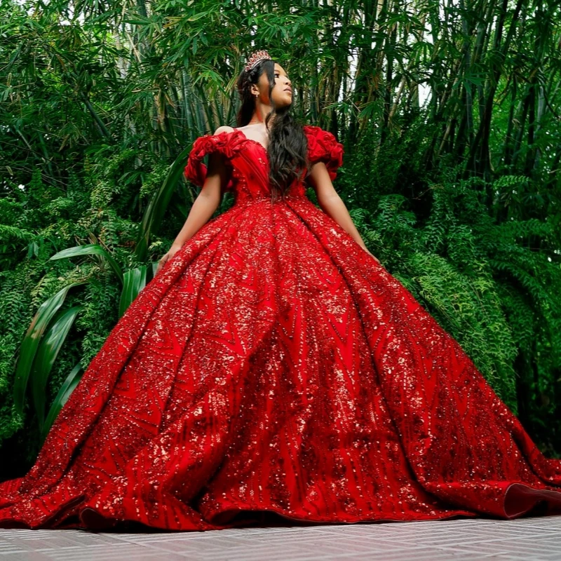 

Red Shiny Quinceanera Dresses Off The Shoulder Applique Lace Beading Tull Party Birthday Sweet 16 Dress Vestidos 15 De Anos