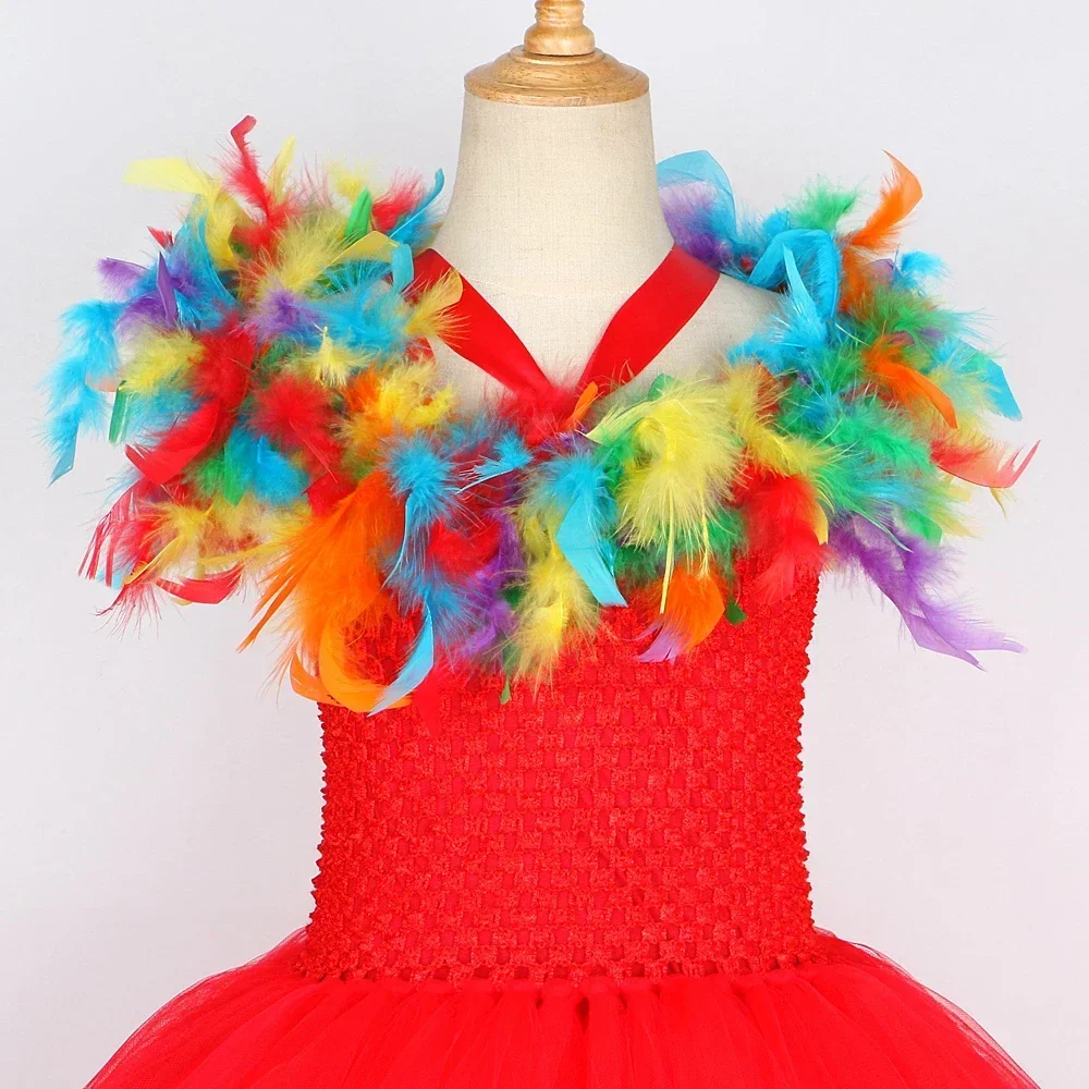 Macaw Parrot Costume for Kids Rainbow Feathers Bird Tutu Dress Toddler Girls Halloween Birthday Party Fancy Dress Up Clothes Set view 6