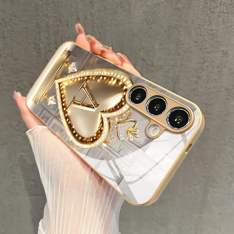 Fashion high-end heart-shaped letter "A" pattern glass phone case for Samsung Galaxy S26 S25 S24 S23 S22FE/Ultra/Plus drop Cover view 3