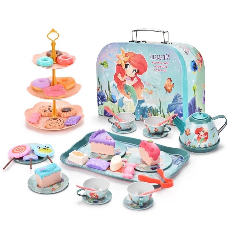 Mermaid Tinplate Afternoon Tea Set Desserts With 3-layer Dessert Stand Simulated Party Cakes Toys For Kids