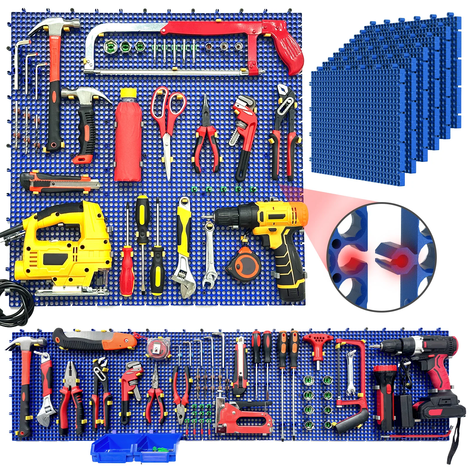 Plastic PegBoard Wall Organizer Kit, 6 Blue Panels 40 X 91cm, 200 Accessories with Hooks, Clips & Holders, Modular Tool Storage