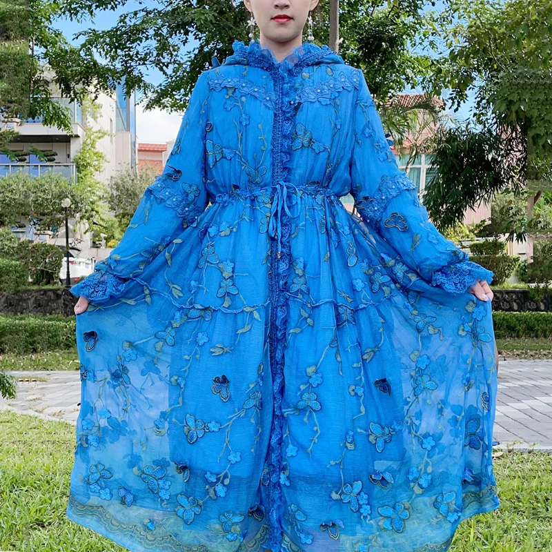 

Winter New Sapphire Blue Silk Embroidery Cotton Coat Women's Hooded Loose Adjustable Waist Mid Length Cotton Clothes One Size